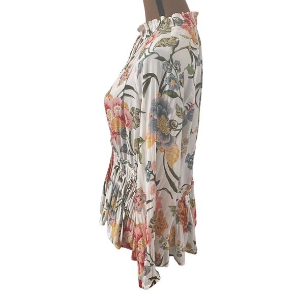 Loft floral high smocked neckline ruffled peplum blouse with front tie size S - Picture 4 of 12